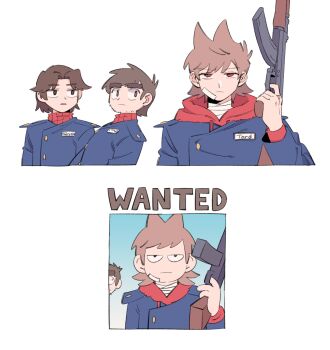 Rule 34 | 3boys, akm, animification, antenna hair, assault rifle, bandaged neck, bandages, blue jacket, brown eyes, brown hair, buttons, character name, commentary request, cropped torso, drawstring, eddsworld, finger on trigger, future tord (eddsworld), gold buttons, gun, hair behind ear, hair horns, hand up, highres, holding, holding gun, holding weapon, hood, hood down, hoodie, jacket, kalashnikov rifle, layered sleeves, long sleeves, looking at another, looking at viewer, looking back, male focus, mjsc 10, multiple boys, name tag, parted lips, patryck (eddsworld), paul (eddsworld), poster (object), red eyes, red hoodie, red sweater, ribbed sweater, rifle, serious, shirt, short hair, simple background, sweater, thick eyebrows, tord (eddsworld), turtleneck, turtleneck sweater, upturned eyes, weapon, white background