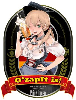 1girl alcohol anchor_hair_ornament anchor_symbol beer beer_mug black_hat blonde_hair blush breasts character_name cleavage cross cup dirndl foam foam_mustache german_clothes german_commentary german_flag german_text green_eyes hair_between_eyes hair_ornament hand_on_own_hip hat highres holding holding_cup hutsudansa iron_cross kantai_collection large_breasts long_hair looking_at_viewer low_twintails mug oktoberfest one_eye_closed open_mouth peaked_cap prinz_eugen_(kancolle) solo twintails