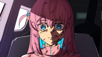 1girl absurdres blue_eyes bocchi_the_rock! closed_mouth cube_hair_ornament cyberpunk_(series) cyberpunk:_edgerunners david_martinez_stare_(meme) dirty dirty_face expressionless gotoh_hitori guitar hair_between_eyes hair_ornament hair_over_eyes highres hinghoi instrument instrument_case jacket long_hair meme one_side_up pink_hair pink_jacket pink_track_suit scene_reference sitting solo track_jacket track_suit upper_body