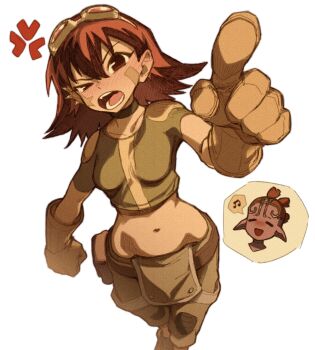 1boy 1girl absurdres anger_vein blush bsapricot chibi chibi_inset crop_top ear_piercing eva_wei facial_mark gloves goggles goggles_on_head green_pants green_shirt highres midriff musical_note oban_star-racers open_mouth pants piercing pointing pointing_at_viewer prince_aikka red_hair shirt short_sleeves solo_focus spoken_musical_note star_(symbol) star_facial_mark white_background yellow_gloves