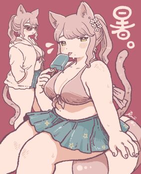 Rule 34 | 1girl, animal ear fluff, animal ears, aqua skirt, arm at side, bare arms, bare shoulders, bikini, bikini skirt, blush, breasts, cat ears, cat tail, cleavage, curvy, dot nose, eating, ebiebi, flower, food, from side, green eyes, hair flower, hair ornament, hand in pocket, highres, holding, holding food, holding popsicle, hood, hood down, hoodie, large breasts, legs together, limited palette, looking at viewer, medium hair, miniskirt, mole, mole under mouth, multicolored bikini, multiple views, navel, open clothes, open hoodie, original, pink-framed eyewear, pink bikini, pink flower, pink hair, popsicle, red background, signature, simple background, sitting, skirt, standing, star (symbol), star print, sunglasses, sweat, swim ring, swimsuit, tail, tail raised, thick arms, thick thighs, thighs, tongue, translated, two-tone bikini, wavy sidelocks, white hoodie