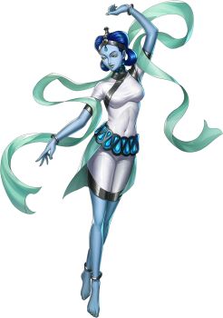 Rule 34 | 1girl, anklet, apsaras (megami tensei), artist request, blue hair, blue skin, bracelet, breasts, colored skin, covered navel, demon (megami tensei), earrings, forehead jewel, green eyes, highres, jewelry, metal anklet, metal bracelet, official art, persona, persona 5, persona 5: the phantom x, romper, shin megami tensei, solo, third-party source, transparent background, white romper