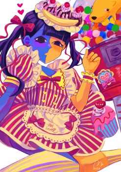 Rule 34 | 1girl, alternate costume, animal, asymmetrical hair, banana, banana split, black eyes, black hair, blue skin, blunt bangs, colored skin, cupcake, dog, dress, ena (ena), ena (series), ena (species), ena (web series), floating head, food, fruit, highres, hourglass dog, long hair, multicolored skin, sad ena, short sleeves, split-color skin, twintails, two-tone skin, usagimarumei, yellow skin