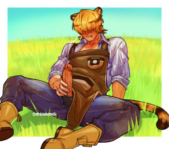 1boy absurdres animal_ear_fluff animal_ears apron arm_support awmseem biting_own_lip blanc_(heartopia) blonde_hair blush boots border brown_hair collared_shirt commentary cum ejaculation erection fang full-face_blush hair_over_eyes hand_on_own_penis heartopia highres male_focus male_masturbation masturbation multicolored_hair muscular muscular_male on_grass on_ground outside_border penis shirt signature sitting solo striped_tail tail tiger_boy tiger_ears tiger_tail two-tone_hair uncensored white_border