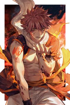 1boy abs arm_tattoo artist_name commentary cowboy_shot dated fairy_tail fairy_tail_logo hand_up highres looking_at_viewer male_focus muscular muscular_male natsu_dragneel navel open_mouth pants red_hair scales scar scar_on_face scarf short_hair slit_pupils solo spiked_hair tattoo teeth white_pants white_scarf xuchuan yellow_eyes