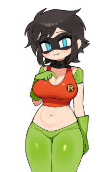 1girl alternate_breast_size_(larger) batman_(series) batrobin_k black_hair black_mask blue_eyes breasts cleavage commentary_request dc_comics domino_mask eye_mask genderswap genderswap_(mtf) gloves green_gloves highres korean_commentary large_breasts mask midriff navel robin_(batrobin_k) short_hair simple_background solo spandex superhero_costume white_background