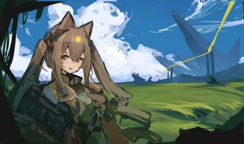 1girl :d angelina_(arknights) animal_ears ar5l0v1g arknights arknights:_endfield blush brown_hair cloud commentary day dress fox_ears fox_girl gilberta_(arknights) grey_dress hair_between_eyes headpiece high_collar long_hair long_sidelocks looking_at_viewer open_mouth originium_(arknights) outdoors red_eyes scenery sidelocks smile solo twintails twitter_username upper_body zipline