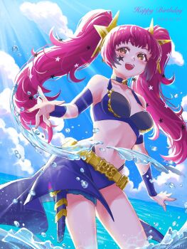 1girl alternate_costume alternate_hairstyle bare_shoulders belt bikini blush breasts choker cleavage collarbone detached_sleeves facial_mark fire_emblem fire_emblem_engage gold_belt hair_ornament highres long_hair long_sleeves looking_at_viewer medium_breasts momosyake333 navel nintendo ocean open_mouth playing purple_bikini purple_choker purple_sarong red_eyes red_hair sarong smile solo star_(symbol) star_facial_mark star_hair_ornament stomach swimsuit teeth twintails v water yellow_belt yunaka_(fire_emblem)
