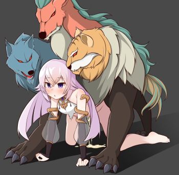 1girl all_fours bare_shoulders bestiality black_claws black_sleeves blue_fur blue_gemstone blush breasts chimera chimera_(grimms_notes) cum deer detached_sleeves doggystyle empty_eyes fangs fingerless_gloves gem gloves grey_background grimms_notes highres long_hair magic_mirror_(grimms_notes) medium_breasts monster multicolored_fur open_mouth purple_hair rape red_eyes red_fur sex sex_from_behind shadow simple_background source_request tail tiger torn_clothes wanwanmanmanman white_fur wolf yellow_fur