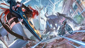 Rule 34 | angel wings, arknights, black boots, black gloves, boots, character request, commentary, exusiai (arknights), exusiai the new covenant (arknights), fingerless gloves, gloves, gy1966, halo, highres, lemuen (arknights), long hair, official alternate costume, official alternate hair length, official alternate hairstyle, pink eyes, pink hair, red hair, thigh boots, thighhighs, thighs, untranslatable commentary, white thighhighs, wings, yellow eyes