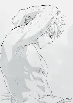 1boy abs absurdres arm_up arms_behind_head bakugou_katsuki boku_no_hero_academia closed_mouth highres male_focus navel nipples oroshi_mi pectorals scar scar_on_chest scar_on_face short_hair signature simple_background sitting solo spiked_hair topless_male watermark white_background