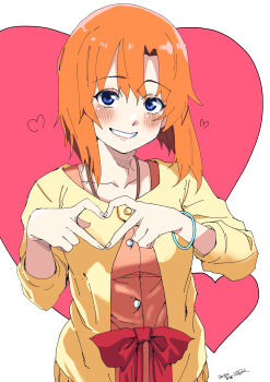 1girl absurdres blue_eyes blush bracelet collarbone commentary curtained_hair dated grin hair_between_eyes heart heart_hands highres higurashi_no_naku_koro_ni jewelry looking_at_viewer medium_hair necklace onuma_kuma orange_hair orange_shirt red_ribbon ribbon ryuuguu_rena sanpaku shirt sidelocks signature smile solo sweater teeth upper_body waist_ribbon white_background yellow_sweater