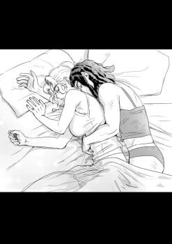2girls blanket breasts camisole commentary_request dreadlocks ermes_costello gloria_costello greyscale highres hug hug_from_behind jeonjin_(mynamebazin) jojo_no_kimyou_na_bouken korean_commentary large_breasts letterboxed lying monochrome multiple_girls on_side panties pillow siblings sisters sleeping stone_ocean underwear