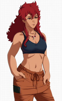 1girl black_sports_bra brown_nails brown_pants closed_mouth collarbone cowboy_shot dark-skinned_female dark_skin emerelda_zubin eyelashes fingernails grid_background gundam gundam:_hathaway's_flash hair_between_eyes hands_in_pockets highres jewelry lips long_hair marulka nail_polish navel necklace pants red_eyes red_hair sidelocks solo sports_bra stomach