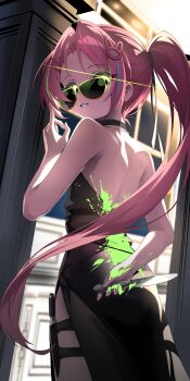 Rule 34 | 1girl, absurdres, arm behind back, backless dress, backless outfit, black dress, cowboy shot, dress, floating hair, forehead, from behind, future cake, glowing, glowing eyes, green-framed eyewear, green eyes, hair ornament, hairclip, hanako nana, hand up, highres, holding, holding knife, knife, long hair, looking at viewer, looking back, looking over eyewear, median furrow, paint on body, paint on clothes, paint splatter, parallel hairclips, parted lips, pink hair, ponytail, rabbit hair ornament, sheath, sheathed, shoulder blades, side slit, smile, solo, stellive, sunglasses, thigh strap, turning head, unfinished, virtual youtuber