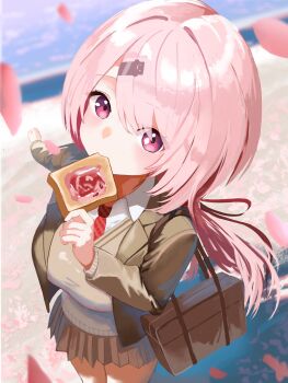 1girl absurdres bag blurry blurry_background blush bread bread_slice breasts brown_bag brown_cardigan brown_jacket brown_skirt cardigan cherry_blossoms closed_mouth collared_shirt commentary_request day falling_petals folma food food_in_mouth from_above hair_ornament hair_ribbon hairclip highres jacket large_breasts long_hair long_sleeves looking_at_viewer low_ponytail mouth_hold necktie nijisanji outdoors petals pink_eyes pink_hair pleated_skirt ponytail red_necktie red_ribbon ribbon school_uniform shiina_yuika shirt shoulder_bag skirt smile solo thighs toast toast_in_mouth virtual_youtuber white_shirt