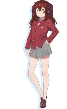 Rule 34 | 1girl, brown hair, expressionless, flat chest, full body, green eyes, hans.b, jacket, loafers, long hair, looking at viewer, maitoko yuri, school uniform, shoes, skirt, solo, tachi-e, teikan no eve bethel, transparent background