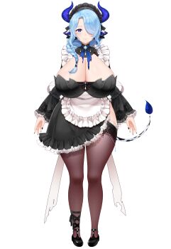 1girl absurdres animal_ears apron black_dress black_nails black_shoes blue_eyes blue_hair blue_pupils braid breasts bright_pupils cleavage closed_mouth cow_ears cow_girl cow_horns cow_tail cream_cod dress frilled_apron frilled_dress frills hair_over_one_eye hair_over_shoulder hair_tubes highres horns huge_breasts indie_virtual_youtuber long_hair maid maid_headdress miilkywayz mole mole_under_mouth official_art purple_horns shoes single_hair_tube smile solo tachi-e tail thighhighs transparent_background virtual_youtuber white_apron