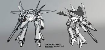 3d commentary_request comparison concept_art gerwalk gunpod highres itasia jolly_roger logo macross mecha monochrome multiple_views n.u.n.s. no_humans original redesign robot roundel science_fiction u.n._spacy variable_fighter vf-1
