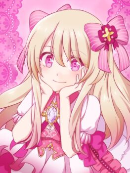 1girl blonde_hair chaos_marie_(grimms_notes) cleavage_cutout closed_mouth clothing_cutout grimms_notes pink_eyes smile solo stepv2_shiina