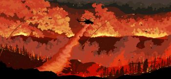 Rule 34 | aircraft, airplane, ashes, battle, black smoke, burning, destruction, embers, fire, forest, helicopter, highres, mikecraftz, military, missile, missile trail, nature, pixel art, project wingman, scenery, tree, war, weapon