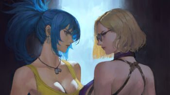 2girls bare_shoulders blonde_hair blue_eyes blue_hair breasts cleavage dog_tags earrings jewelry leona_heidern multiple_girls nina_williams phamoz short_hair sleeveless sunglasses tank_top tekken tekken_8 the_king_of_fighters triangle_earrings vs yellow_tank_top