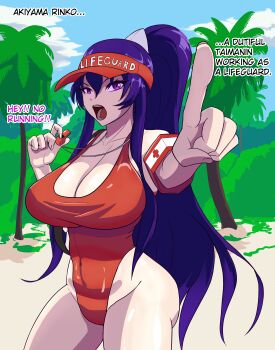 Rule 34 | 1girl, absurdres, akiyama rinko, breasts, cleavage, curvy, high ponytail, highleg, highleg one-piece swimsuit, highres, large breasts, lifeguard, long hair, one-piece swimsuit, pointing, pointing at viewer, ponytail, shiny clothes, shiny skin, solo, taimanin (series), taimanin yukikaze, tyranno, very long hair, wide hips