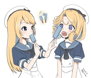 2girls blonde_hair blue_eyes blue_sailor_collar blush dated double_popsicle dress dripping feeding food hat holding holding_food holding_popsicle infini janus_(kancolle) jervis_(kancolle) kantai_collection long_hair multiple_girls open_mouth popsicle sailor_collar sailor_dress sailor_hat short_hair short_sleeves simple_background sweat twitter_username unequal_popsicle_division white_background white_hat