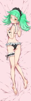 Rule 34 | 1girl, back, barefoot, bed sheet, biburi (precure), bikini, black bikini, blush, butt crack, closed mouth, commentary, dakimakura (medium), frilled bikini, frilled hairband, frilled thigh strap, frills, from above, frown, green hair, hairband, half-closed eyes, highres, kirakira precure a la mode, looking at viewer, medium hair, on bed, precure, solo, swimsuit, thigh gap, thigh strap, yellow eyes, yuto (dialique)