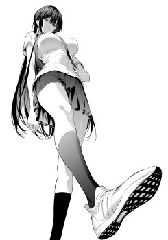 1girl bag breasts buttons from_below greyscale hair_ribbon haite_kudasai_takamine-san highres hiiragi_yuuichi large_breasts long_hair monochrome necktie pleated_skirt ribbon shirt shoes short_sleeves skirt socks solo takamine_takane