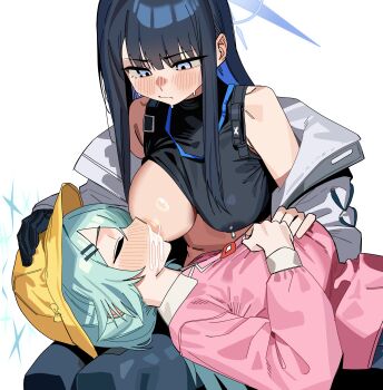 2girls absurdres alternate_costume aqua_hair black_gloves black_hair blue_archive blue_eyes blue_hair blue_halo blush breast_sucking breastfeeding breasts closed_eyes coat colored_inner_hair commentary_request gloves green_halo halo hand_on_another's_chest hat highres hiyori_(blue_archive) kindergarten_uniform lactation lactation_through_clothes lap_pillow large_breasts long_hair looking_at_another looking_down multicolored_hair multiple_girls no_mask ruppu saori_(blue_archive) school_hat simple_background single_glove smock white_background white_coat yellow_hat yuri