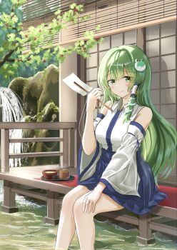 1girl bare_shoulders blue_skirt blue_trim closed_mouth collared_shirt commentary detached_sleeves eyes_visible_through_hair frog_hair_ornament gohei green_eyes green_hair hair_between_eyes hair_ornament hair_tubes hand_on_own_knee highres holding holding_gohei japanese_clothes kochiya_sanae long_hair miko nontraditional_miko outdoors shirt sitting skirt sleeveless sleeveless_shirt smile snake_hair_ornament solo tea touhou water waterfall white_sleeves yuki_(snowmaiden)