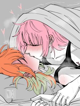 2girls alternate_costume bed blanket blush breasts commentary couple cuddling english_commentary gradient_hair green_hair grey_background head_on_pillow highres hololive hololive_english jasper_xandros large_breasts long_hair lying mori_calliope multicolored_hair multiple_girls open_mouth orange_hair pillow pink_hair purple_eyes shared_bed shared_blanket simple_background smile steam steaming_body sweat takanashi_kiara under_covers very_sweaty virtual_youtuber yuri