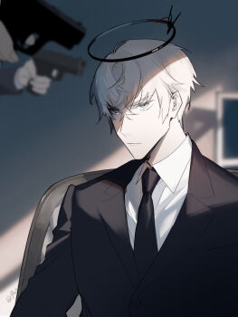 1boy 2others arknights black_halo black_jacket black_necktie black_suit blue_eyes blurry blurry_foreground chair closed_mouth collared_shirt commentary_request crossed_bangs depth_of_field executor_(arknights) finger_on_trigger formal_clothes grey_eyes grey_hair gun hair_between_eyes halo handgun highres holding holding_gun holding_weapon indoors jacket lapels long_sleeves male_focus mechanical_halo multiple_others necktie out_of_frame serious shadow shikiri shirt short_hair sitting solo_focus suit twitter_username upper_body weapon white_hair white_shirt