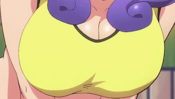 2girls animated animated_gif anime_screenshot ass black_hair breasts english_text female_focus flat_chest futoku_no_guild highres hitamu_kyan horns huge_breasts knees_together_feet_apart large_breasts loli multiple_girls panties panties_under_pantyhose pantyhose pink_panties reaction resumisu_care shaded_face subtitled surprised thighs twintails underwear upskirt white_pantyhose