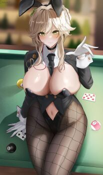 1girl 8-ball absurdres ade_(agent_bunny)_(nikke) ade_(nikke) animal_ear_hairband animal_ears ball between_breasts billiard_ball billiards black_jacket black_leotard black_necktie blonde_hair blurry blurry_background braid braided_base breasts bun_with_braided_base card cleavage closed_mouth clothes_between_breasts clothing_cutout clover_hair_ornament commentary detached_collar earpiece english_commentary eyewear_hang fake_animal_ears fishnet_pantyhose fishnets four-leaf_clover_hair_ornament gloves goddess_of_victory:_nikke green_eyes hair_between_eyes hair_bun hair_ornament hairband hand_up highleg highleg_leotard highres jacket large_breasts leotard long_sleeves looking_at_viewer mistral_la navel navel_cutout necktie necktie_between_breasts official_alternate_costume pantyhose playboy_bunny playing_card rabbit_ear_hairband rabbit_ears shadow sidelocks signature sitting smile solo strapless strapless_leotard swept_bangs twitter_username undersized_breast_cup unworn_eyewear white_gloves white_wrist_cuffs wrist_cuffs