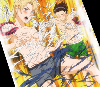 Rule 34 | 2boys, anime screenshot, black male underwear, blonde hair, blue eyes, blush, boxers, brothers, brown hair, closed eyes, closed mouth, embarrassed, emphasis lines, green male underwear, hairband, highres, isami aldini, male focus, male underwear, multiple boys, open mouth, shokugeki no souma, siblings, stitched, third-party edit, torn clothes, underwear