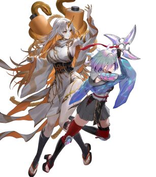 2girls aqua_hair attack blonde_hair breasts crystal fire_emblem fire_emblem_heroes fuuma_shuriken gradient_hair grey_hair gullveig_(fire_emblem) gullveig_(ninja)_(fire_emblem) hair_ornament hair_over_one_eye highres holding holding_shuriken holding_weapon horns huge_breasts japanese_clothes kvasir_(fire_emblem) kvasir_(ninja)_(fire_emblem) long_hair multicolored_hair multiple_girls nintendo non-web_source official_alternate_costume official_art sandals scarf scroll short_hair shuriken sideboob single_horn small_breasts snake_hair_ornament very_long_hair weapon yellow_eyes