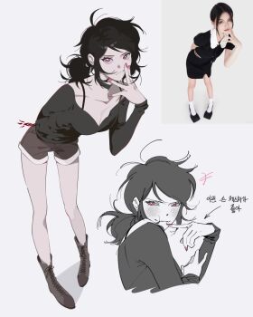 1girl ashley_graves black_boots black_hair black_shirt blush boots bra_strap breasts choker cleavage ddatbbam hashtag-only_commentary highres korean_text long_sleeves looking_at_viewer pink_eyes pink_nails ponytail shirt short_hair shorts simple_background smile spot_color the_coffin_of_andy_and_leyley