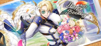 1boy black_gloves blonde_hair blue_eyes cape closed_mouth code_geass code_geass:_lost_stories code_geass_(manga) cropped_torso f4samurai forehead game_cg gloves gold_trim hand_up happy happy_birthday highres jacket long_sleeves looking_at_viewer male_focus military_uniform official_art photo_(object) schnee_hexenhaus serious shirt short_hair side_cape solo standing transparent_background upper_body v-shaped_eyebrows white_cape white_jacket white_shirt