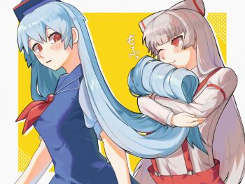 2girls ;) blue_dress blue_hair blunt_bangs blush border commentary dress fujiwara_no_mokou grey_hair hamadain_000 hugging_hair kamishirasawa_keine long_hair long_sleeves looking_at_another multiple_girls one_eye_closed outside_border pants red_pants shirt simple_background smile straight_hair suspender_pants touhou very_long_hair white_border white_shirt yuri