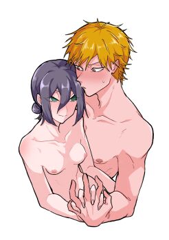 1boy 1girl absurdres blonde_hair breasts chainsaw_man closed_mouth commentary_request denji_(chainsaw_man) green_eyes hair_between_eyes hair_bun hetero highres holding_hands interlocked_fingers nipples nude orange_eyes purple_hair reze_(chainsaw_man) short_hair simple_background small_breasts uzte7873 white_background