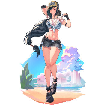 1girl absurdres arm_behind_head arm_up bare_legs baseball_cap beach bikini bikini_under_clothes black_bikini black_gloves black_hair blue_sky breasts building claarin cloud cloudy_sky commentary english_commentary final_fantasy final_fantasy_vii final_fantasy_vii_ever_crisis fingerless_gloves frayed_skirt full_body gloves grey_skirt hat highleg highleg_bikini highres knees large_breasts legs lifeguard long_hair looking_at_viewer low-tied_long_hair midriff miniskirt navel official_alternate_costume outdoors parted_lips red_eyes sand see-through_clothes see-through_shirt shirt skirt sky solo swimsuit thighs tied_shirt tifa_lockhart tifa_lockhart_(lifeguard) walking wet wet_clothes wet_shirt white_background white_shirt