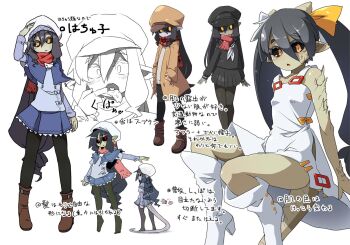Rule 34 | 1girl, akaino (akaomi), black hair, black pantyhose, black sclera, black serafuku, reference sheet, colored sclera, dress, female focus, hat, jacket, lizard tail, monster girl, original, pantyhose, pointy ears, red eyes, scarf, school uniform, serafuku, skirt, slit pupils, solo, tail, tongue, tongue out, translation request, winter clothes, yellow eyes