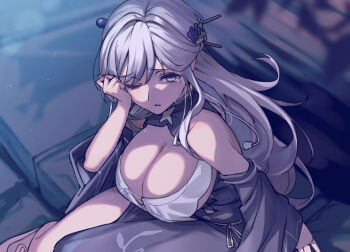 1girl bare_shoulders blue_dress blue_flower borrowed_character braid breasts cleavage commentary_request commission detached_sleeves dress eyebrows_hidden_by_hair flower hair_flower hair_ornament hairpin halter_dress halterneck hand_on_own_face large_breasts lenhee_(kaito) long_hair looking_at_viewer mi2mi2_minmi mole mole_under_eye multiple_hairpins one_eye_closed original outdoors pelvic_curtain purple_eyes sad side_slit sideboob sitting skeb_commission solo teardrop tearing_up very_long_hair waistband white_hair wide_sleeves