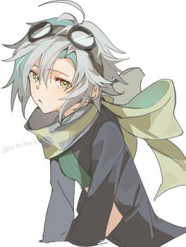 1girl ahoge azitsukeniku closed_mouth curtained_hair eiyuu_densetsu fie_claussell goggles goggles_on_head green_eyes grey_hair hair_between_eyes highres looking_at_viewer parted_bangs scarf sen_no_kiseki sen_no_kiseki_(series) sen_no_kiseki_ii short_hair simple_background solo twitter_username upper_body white_background