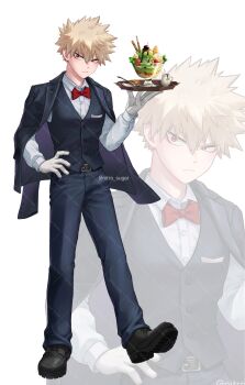 1boy bakugou_katsuki black_jacket black_pants black_shoes black_vest blonde_hair boku_no_hero_academia bow bowtie closed_mouth commission food gloves highres holding holding_plate ice_cream jacket male_focus pants plate red_bow red_bowtie red_eyes seoltang_(nitro_sugar) shirt shoes short_hair solo spiked_hair spoon sundae vest white_background white_gloves white_shirt zoom_layer
