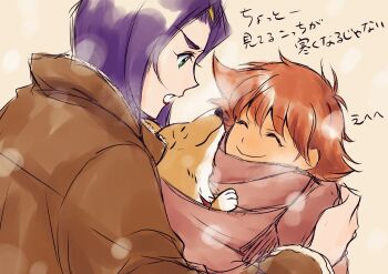 Rule 34 | 2girls, cowboy bebop, dark-skinned female, dark skin, dog, edward wong hau pepelu tivrusky iv, ein (cowboy bebop), faye valentine, green eyes, headband, highres, multiple girls, orange hair, purple hair, short hair, tobalin, winter clothes