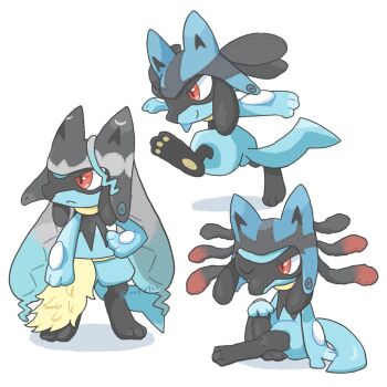1other black_fur blue_fur closed_mouth commentary_request cosplay furry gen_4_pokemon hat highres kana_(maple926) lucario lucario_(cosplay) mega_lucario mega_lucario_(cosplay) mega_lucario_z mega_lucario_z_(cosplay) mega_pokemon multiple_views nintendo one_eye_closed pokemon pokemon_(creature) pokemon_focus red_eyes riolu smile tail two-tone_fur