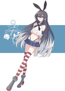 1other black_hair black_hairband black_neckerchief black_panties blue_sailor_collar blue_skirt choker commentary_request cosplay crop_top elbow_gloves fate/samurai_remnant fate_(series) full_body gloves hair_down hair_intakes hairband highleg highleg_panties highres hoshizukiyo_(enneanuage) kantai_collection long_hair microskirt neckerchief no_dickey panties sailor_collar shimakaze_(kancolle) shimakaze_(kancolle)_(cosplay) skirt solo striped_clothes striped_thighhighs thighhighs thong underwear white_gloves white_hair yamato_takeru_(fate)